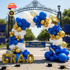 Graduation Balloon Arch Kit for Class 128 Count (Pack of 1), Blue White Gold