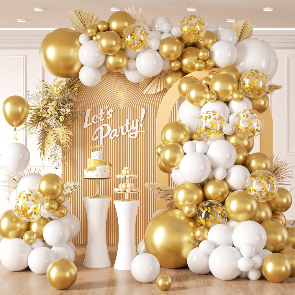 132pcs White and Gold 18 inch, 12 10 5 White, Metallic