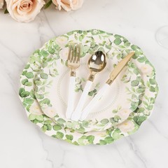 25 White Green Floral Greenery Dessert Paper Plates with Scalloped Edge