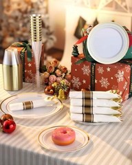 320PCS Plates Sets, Fancy Disposable Dinnerware for 320 Pcs (40 Guests) Gold