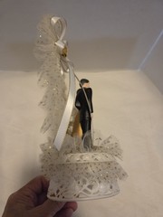 Vintage MCM 50th Wedding Anniversary Cake Topper White Lace Gold Trim Brown Hair