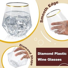 PCS Diamond Stemless Plastic Wine Whiskey Glasses, 12 Oz 40 Clear and Gold
