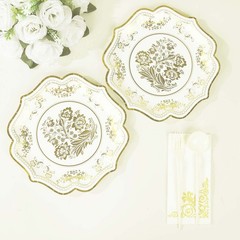 25 White 10″ Paper Dessert Plates GOLD Floral Print Scalloped Rim Party Events
