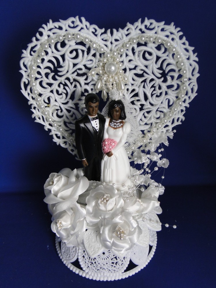 New Vintage Dark skin Bride & Groom Filigree Heart Wedding CakeTop, #304