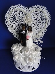 New Vintage Dark skin Bride & Groom Filigree Heart Wedding CakeTop, #304