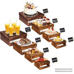 8 Pcs Buffet Risers with Mini Signs 8 Pcs (8.0″, 7.0″, 6.5″, 5.5″) Rustic Wood