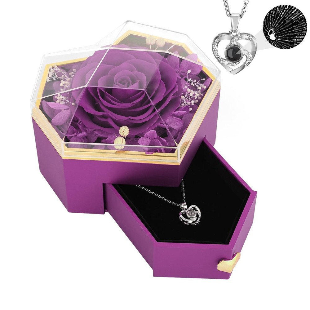 Emibele 5×4.9×3.6 inches, Purple Rose Heart Box + Silver Necklace