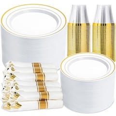 White and Plastic Dinnerware Set for 50 Guests, Disposable Party 350 PCS Gold