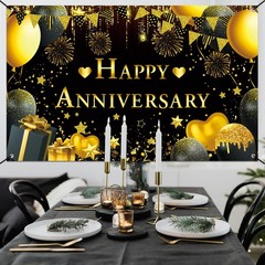 Happy Anniversary Decorations Kit – 5.9×3.6Ft Banner & 18PCS Black, Gold