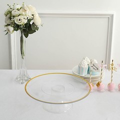 Clear 2 Round 12″ Plastic Cake Stand Dessert Display Riser Gold Rim Party Events