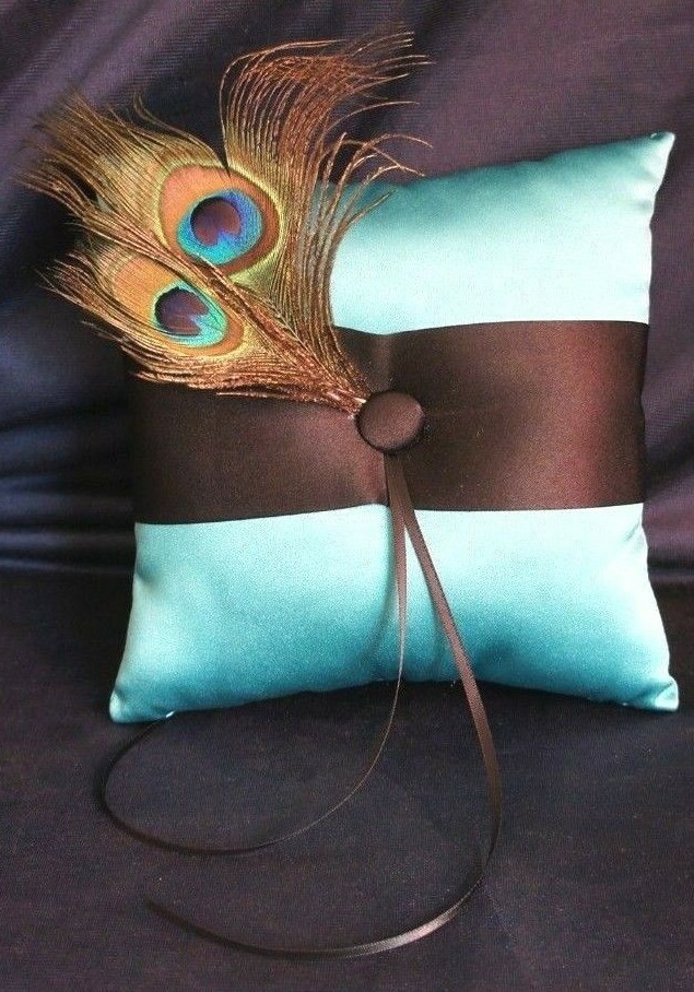 NEW Luxious Bridal PEACOCK Themed Teal & Brown SATIN RING PILLOW 7.3″x7.3″
