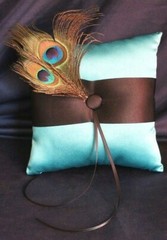 NEW Luxious Bridal PEACOCK Themed Teal & Brown SATIN RING PILLOW 7.3″x7.3″