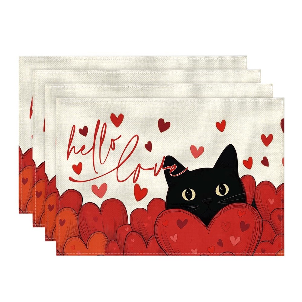 Artoid Mode Hello Love Heart Cat Valentine 12″ x 18″, Rectangular 4 Pcs, Red