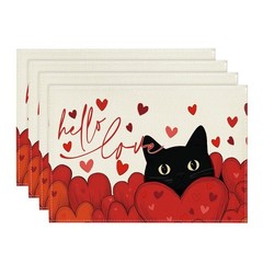 Artoid Mode Hello Love Heart Cat Valentine 12″ x 18″, Rectangular 4 Pcs, Red