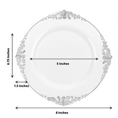 10 WHITE SILVER 8″ Round Plastic Salad Dinner PLATES Embossed Baroque Rim Party
