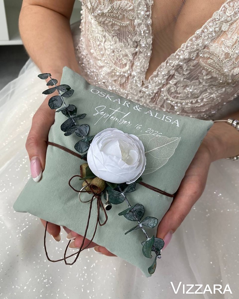 Ring pillow Dried eucalyptus, Personalized,Ring bearer pillow Sage green wedding