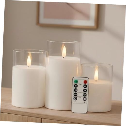 Glass Flameless Candles with Remote, White Battery Operated Clear Glass