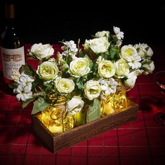 3 Pc Mason Jar Centerpiece Set w/Wood Tray & LED Lights, Green Farmhouse Decor
