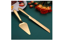 Elegant Wedding Cake Cutting Set Gold Knife Server Rounded Edges Pie Cutter Food