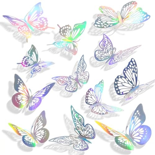 3D Butterfly Wall Decor, 48Pcs 6 Sizes Silver Laser Butterfly Wall Stickers