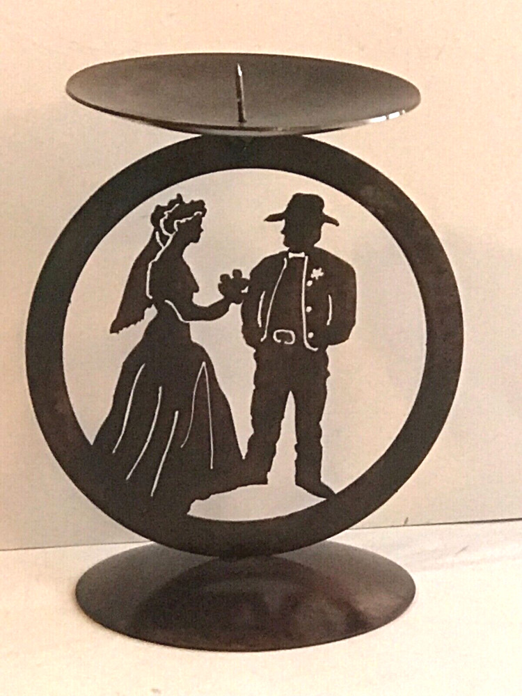 Laser Cut Steel Medallion Candle Holder, Western Love, Cowboy Bride and Groom