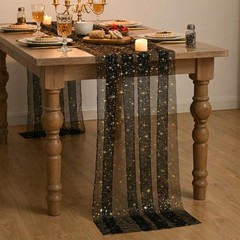Artoid Mode Gold Stars Black Gauze Table Runner 120 Inch 10FT, Reversible Gli…