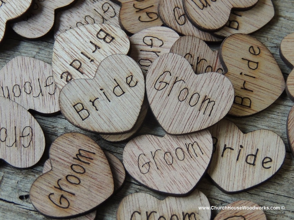 100 qty 1″ BRIDE GROOM Wood Heart Table Confetti Wooden Wedding Decor Heart Sign