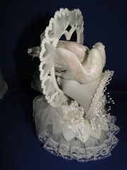 New Elegant Wedding Sparkling White Love Birds Cake topper / heart & bell #189