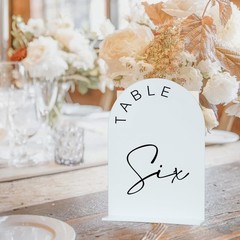 Arched Table Numbers 1-10, 5×7 Inch, White Acrylic, Black Lettering, Stands