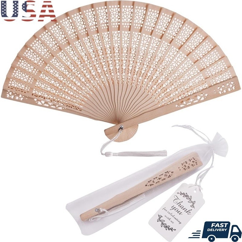50 Pcs Sandalwood Hand Fans Wedding Favors W/ Organza Bags & Thank You Tags New