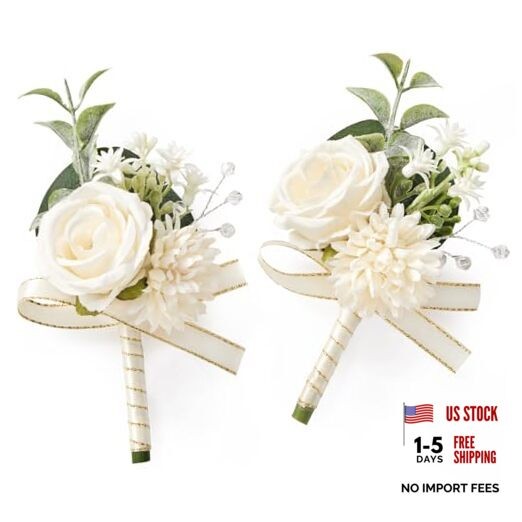 2 Pcs White Boutonniere for Men, Groom Groomsmen Best Boutonniere 2pcs A White
