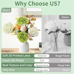 4 Pcs Artificial Hydrangea Flowers, Real Touch Silk Hydrangeas with Green White