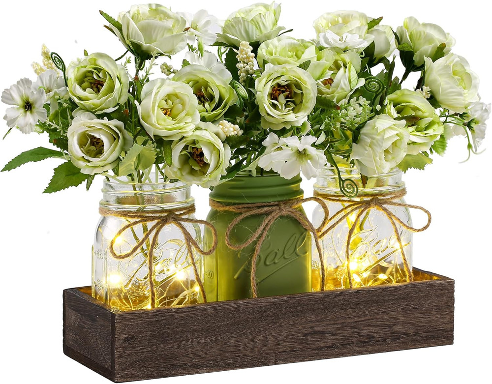 3 Pc Mason Jar Centerpiece Set w/Wood Tray & LED Lights, Green Farmhouse Decor