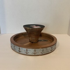 Cake Stand Riser 4.5” High 11” Round Wood Galvanized Metal Band Trim India Made