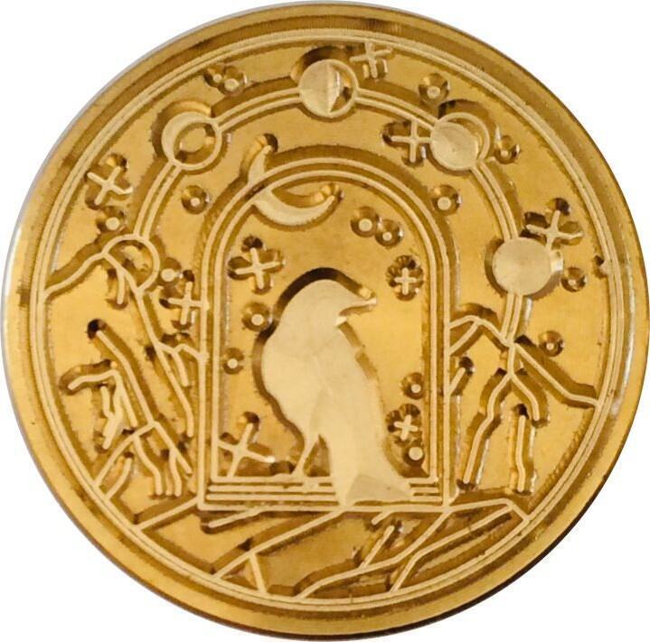 Raven sitting in Arched Window, Moon Phases Above – 1.2″ dia Wax Seal Stamp Head
