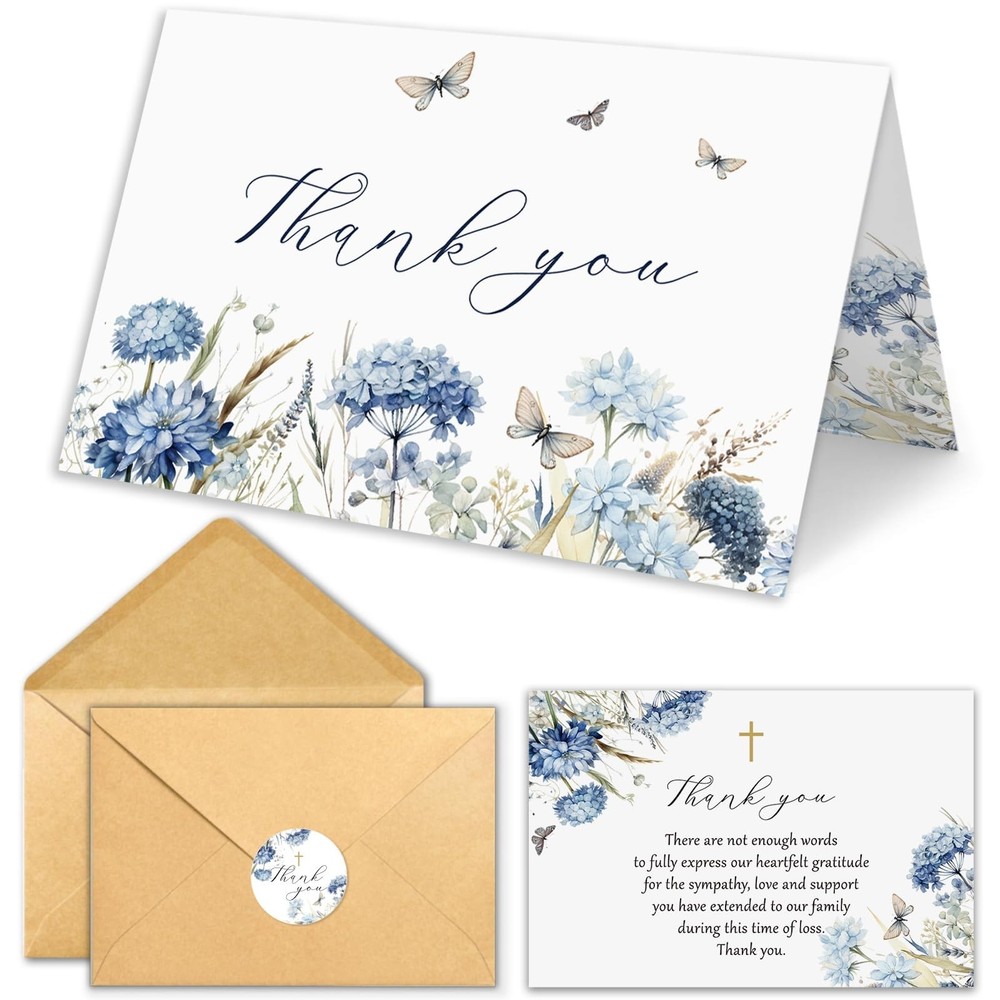 25 Pcs Funeral Thank You Cards with Envelopes, 4×6 In Watercolor Blue Flowe