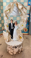 Vtg 1950s Bride Groom Wedding Cake Topper w Signed Bell, Sugar & Composition