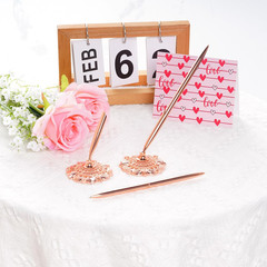 2Pcs Rose Gold Wedding Pen and Metal Pen Stand Holder Set Signing Desk Ballpoint