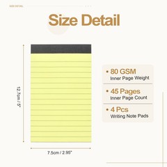 4 Pcs Writing Note Pads, 3 x 5 Inch A7 Lined Refill Paper, Yellow