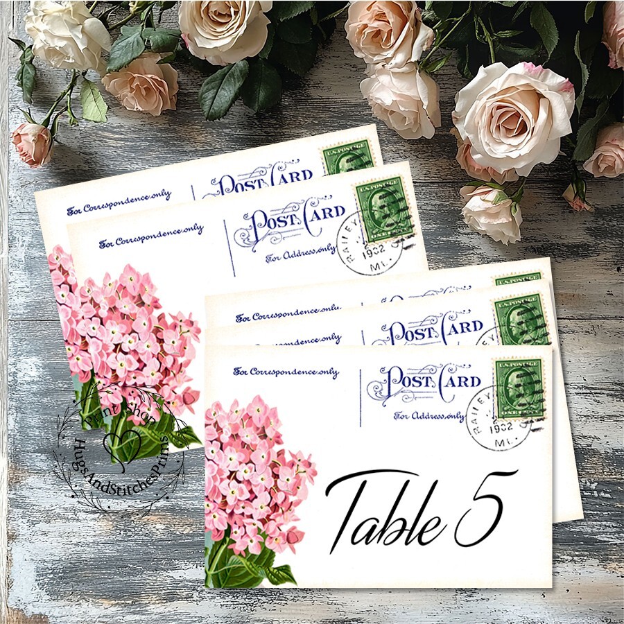 DOUBLE or SINGLE SIDED HYDRANGEA POSTCARD WEDDING TABLE CARDS or SIGNS #540