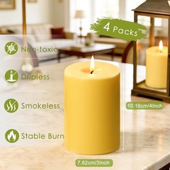 Mosroad Candles Pillar 3X4 Inch 4 Pack Non Toxic Bees Wax Candle For Home Decor