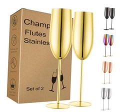 Stainless Steel Champagne Flutes Set of 2-Unbreakable Metal Long Stem Gold