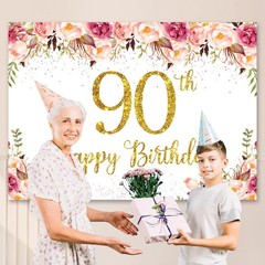 5x3Ft Happy 90th Birthday Backdrop for Women Floral Rose Happy Birthday Banne…