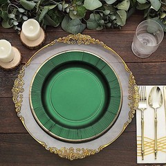 25 HUNTER GREEN 10″ Metallic Round Paper DINNER LATES Textured Rim Decorations