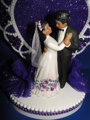 New Medium Dark skin Bride & Groom Wedding CakeTop, purple decor & heart, #335