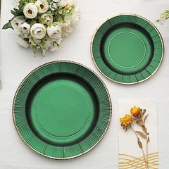25 HUNTER GREEN 10″ Metallic Round Paper DINNER LATES Textured Rim Decorations