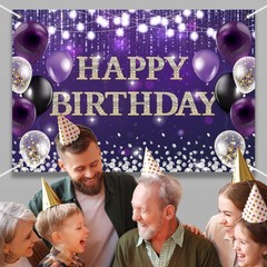 Large Happy Birthday Backdrop Banner Purple Theme Decor With Shiny Diamond No…