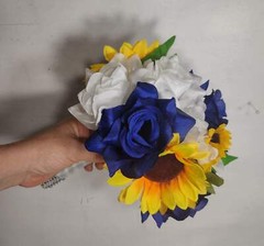 Royal Blue White Rose Sunflower Bridal Wedding Bouquet Accessories