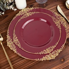 10 BURGUNDY GOLD 8″ Round Plastic Salad Dinner PLATES Embossed Baroque Rim Party