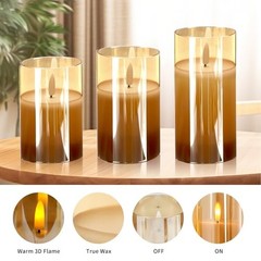 Flickering Flameless Candles with Remote,4″, 5″, 6″ x 3″ Diameter Glass Brown